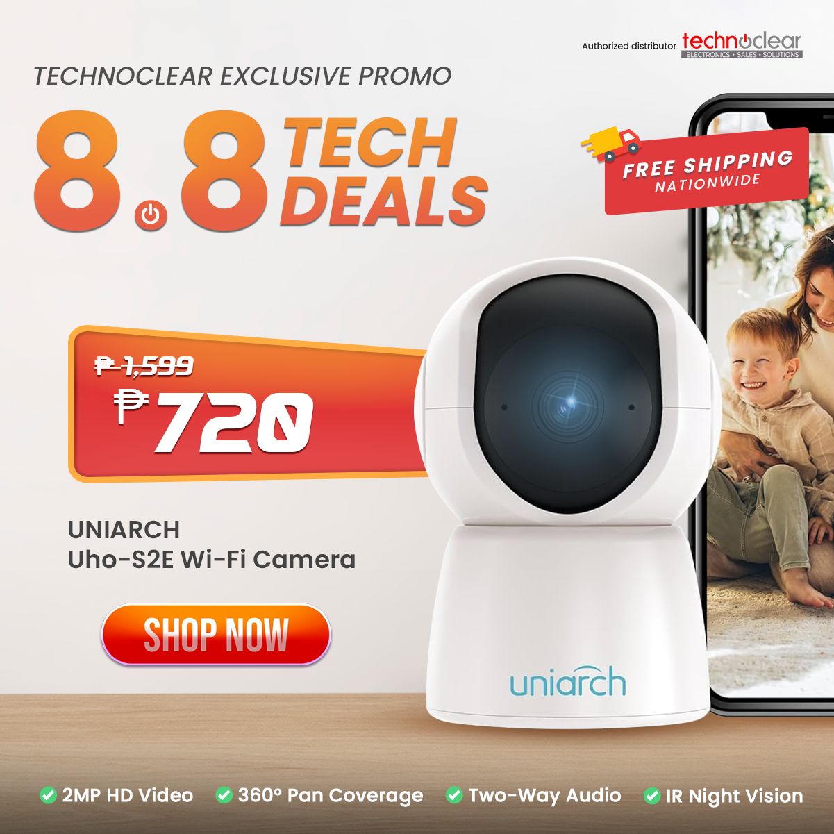 SALE UNIVIEW UHO-S2E UNIARCH HD PT CAMERA SMART HOME WIFI CAMERA 360/ ALARM / 2-WAY / IR/ MOTION