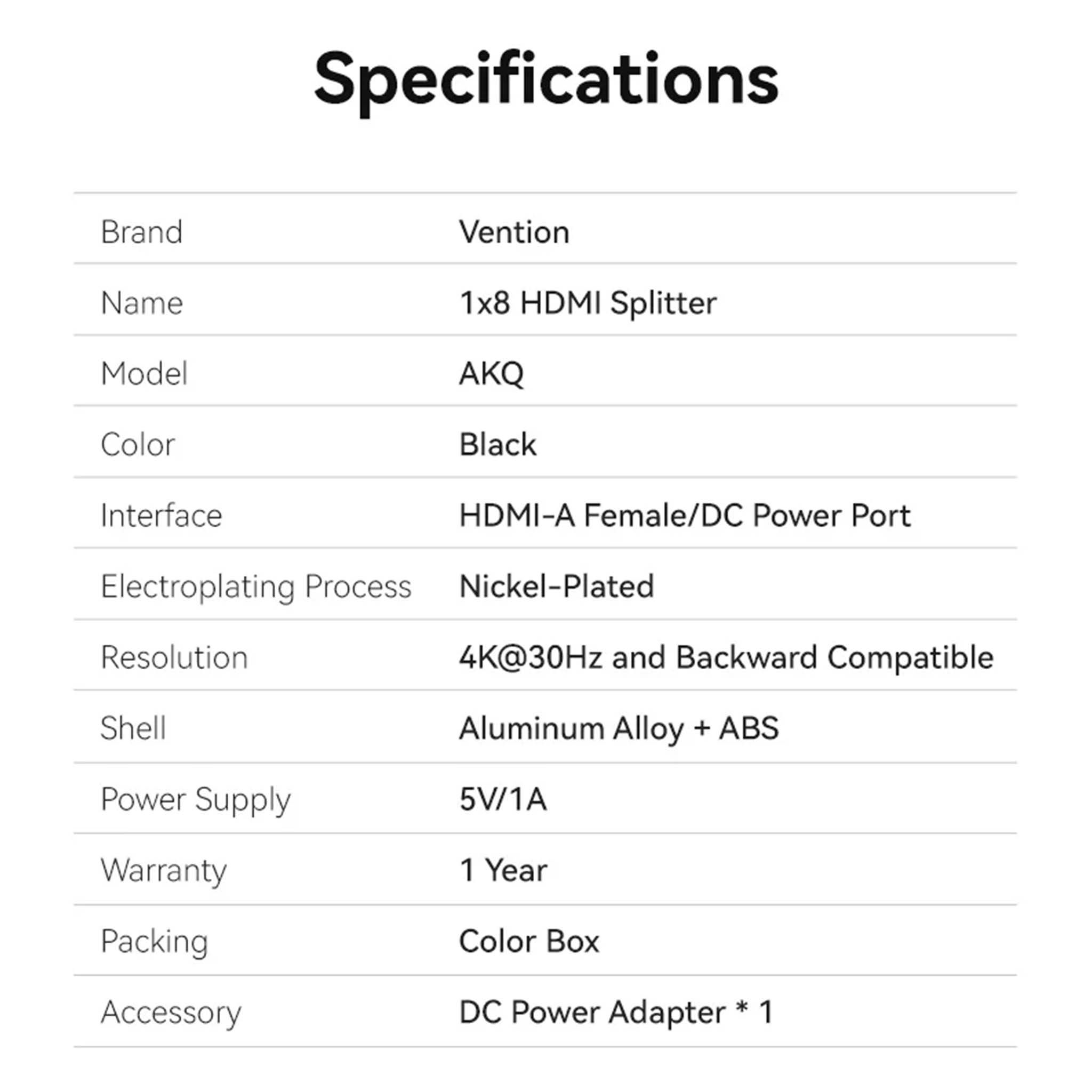VENTION AKQB0 4K 1x8 HDMI Splitter Black Aluminum Alloy Type