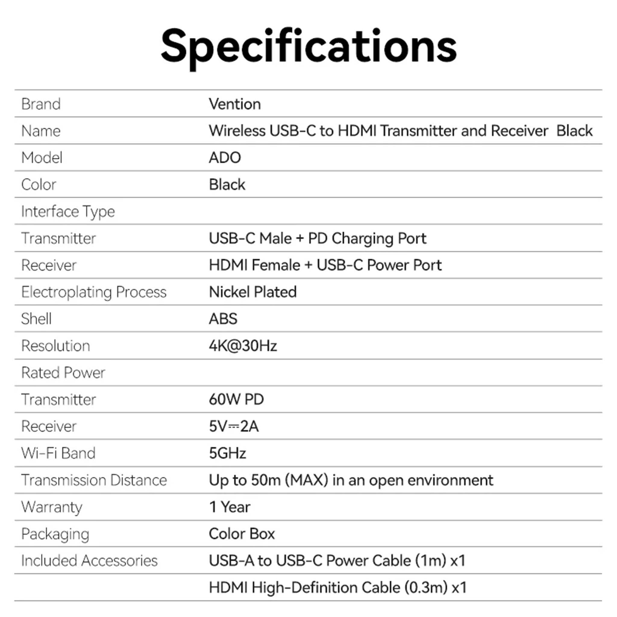 VENTION ADOBB Wireless USB-C to HDMI Transmitter and Receiver 0.15M Black