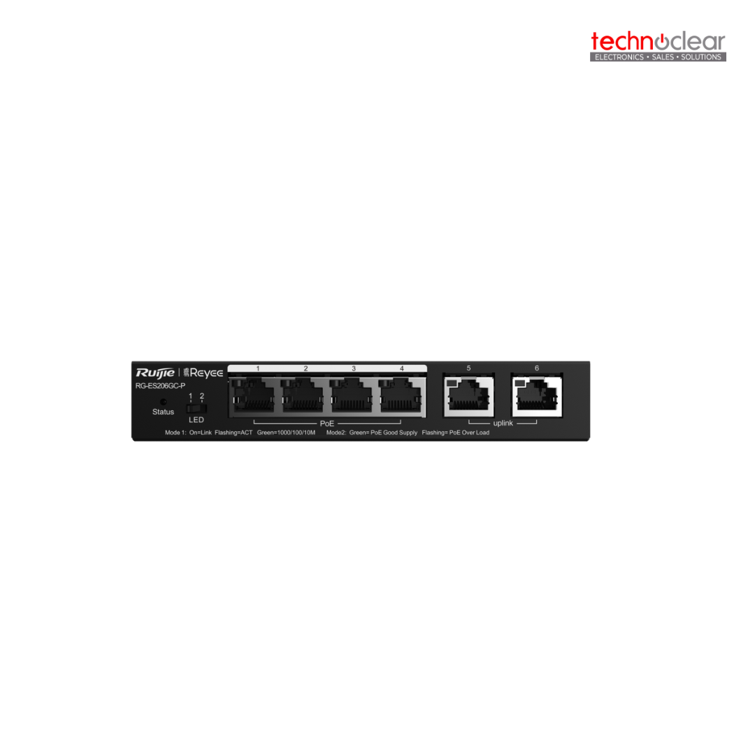 RUIJIE RG-ES206GC-P 6-PORT GIGABIT SMART POE SWITCH, 4 POE/POE+ PORTS WITH 2 GIGABIT RJ45 UPLINK PORTS, 54W POE POWER BUDGET, DESKTOP STEEL CASE