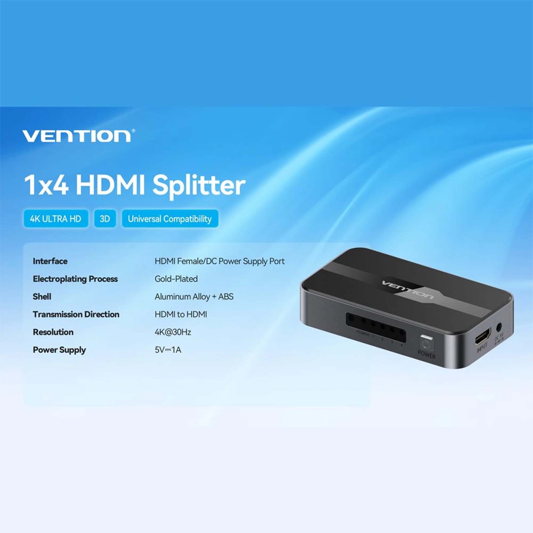 VENTION A12B0-US 1 IN 4 OUT HDMI SPLITTER 4K BLACK ALUMINUM ALLOY TYPE US STANDARD