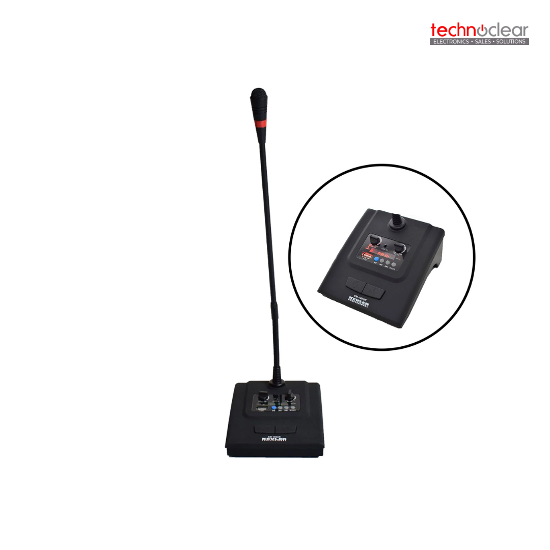 KEVLER CM-100UR WIRELESS MICROPHONE PAGING MICROPHONE TRANSDUCER TYPE: CONDENSER/ FREQ. RESP:40HZ-15KHz/ OUTPUT IMPEDANCE:200 / POLAR PATTERN: SUPERCARDIOID / POWER SUPPLY: DC 12V,4.5V(AA) / USB MP3 & REC FUNCTION / WITH CHIME FUNACTION