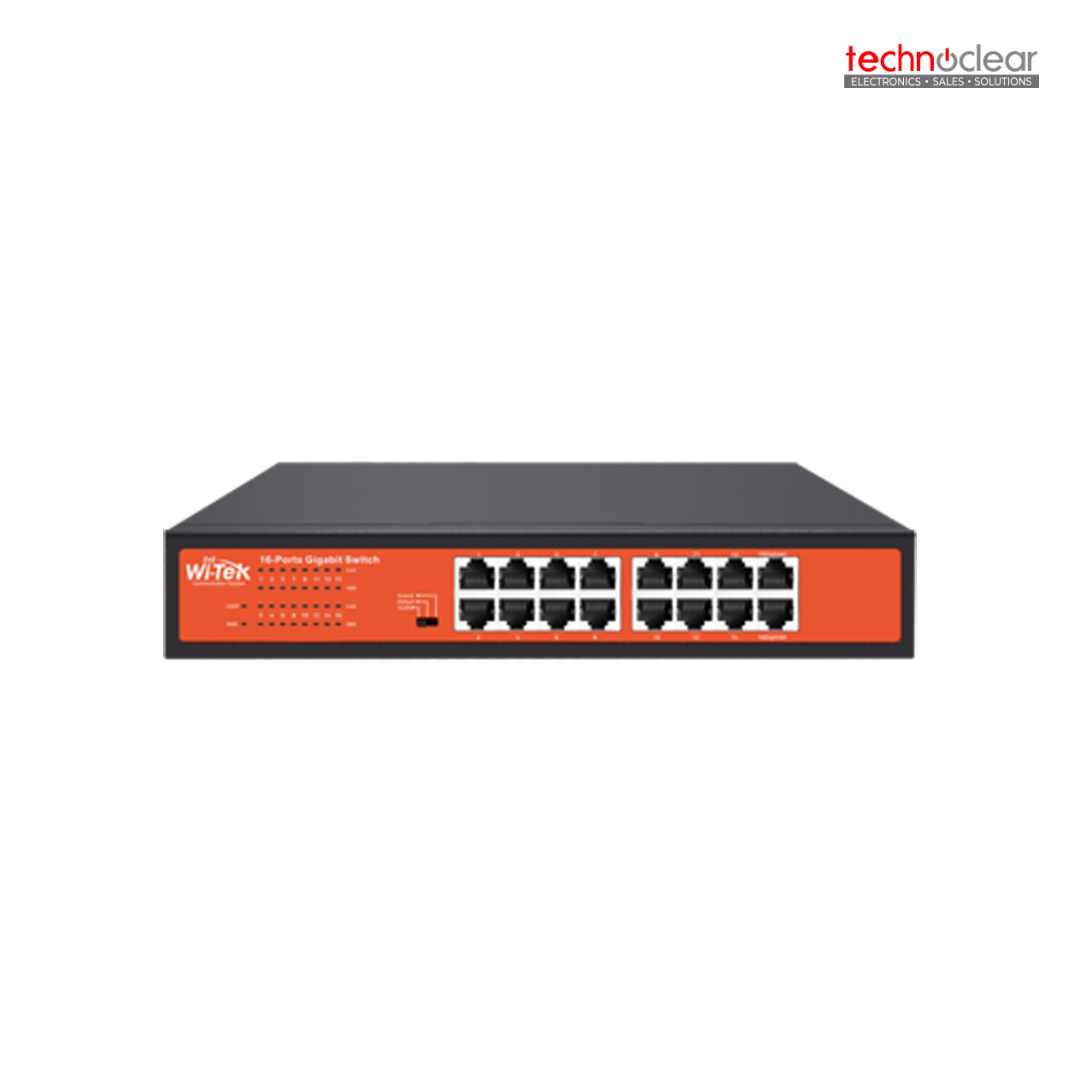 WITEK WI-SG116D 16xGIGABIT DESKTOP ETHERNET SWITCH, AUTO NEGO, AUTO MDI/MDIX SMART SWITCHING, STANDARD 13INCH STEEL CASE, PLUG AND PLAY DESIGN, PLANS DIFFERENT POWER OUTPUT FOR DIFFERENT CABLE LENGTHS