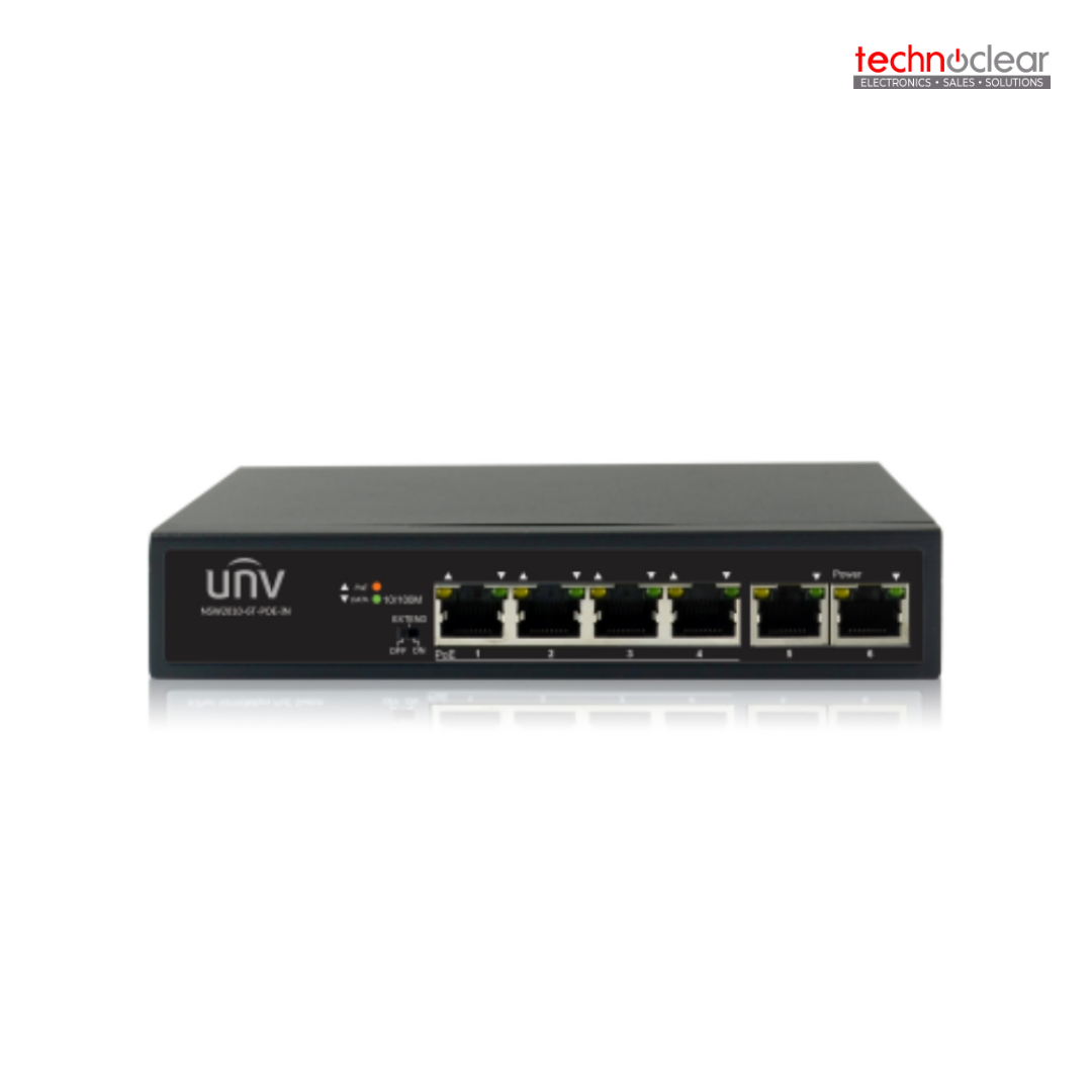 UNIVIEW UNV NSW2010-6T-POE-IN 6Port PoE Switch 6×10/100Mbps Ethernet ports, PoE complies with IEEE802.3af/at, up to 30W forsingle port, Up to 250m transmission distance on EXTEND mode, Easy to use, metal housing, Lightning Protection 6KV
