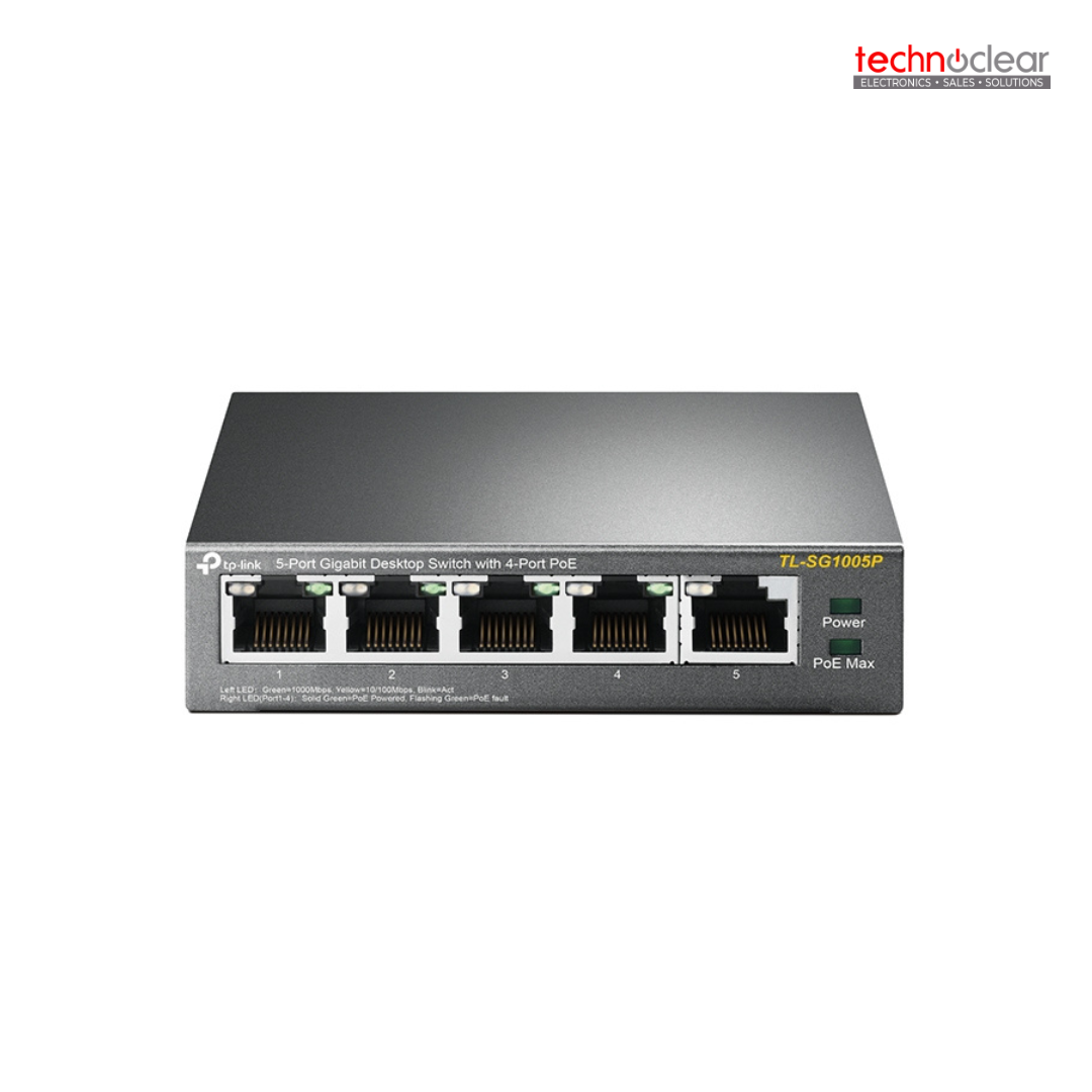 TP-LINK TL-SG1005P / SG1005P(UN) 5-Port Gigabit Desktop Switch with 4-Port PoEPORT: 4× Gigabit PoE Ports, 1× Gigabit Non-PoE PortSPEC: 802.3af, 56 W PoE Power, Desktop Steel CaseFEATURE: Plug and Play