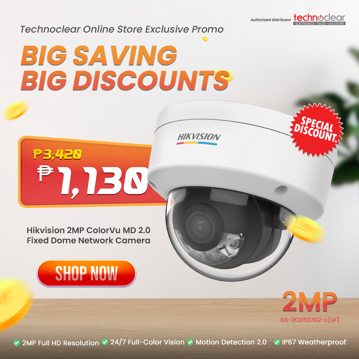 Hikvision 2MP ColorVu MD 2.0 Fixed Dome Network Camera DS-2CD1127G2-LUF
