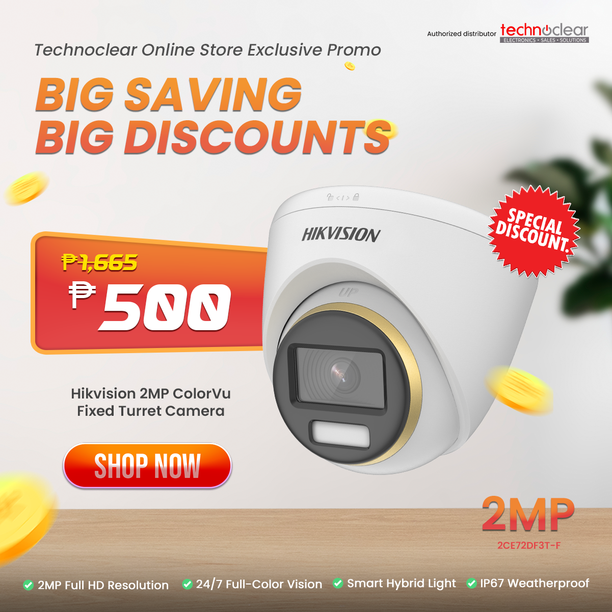 SALE Hikvision 2MP ColorVu Fixed Turret Camera 2CE72DF3T-F