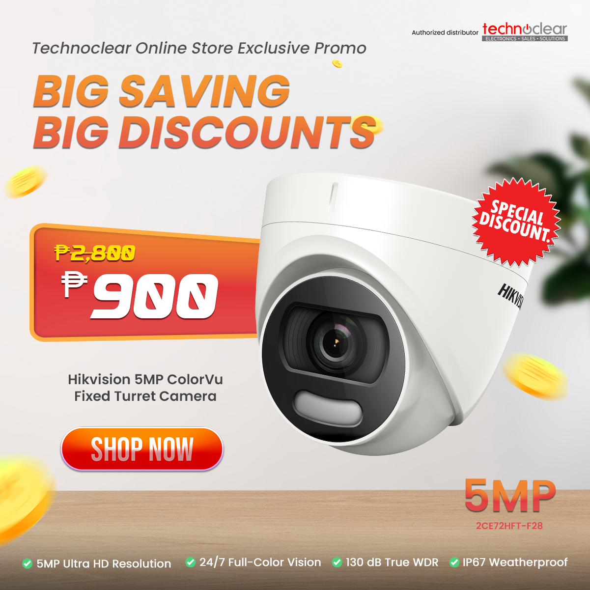 SALE Hikvision 5MP ColorVu Fixed Turret Camera 2CE72HFT-F28