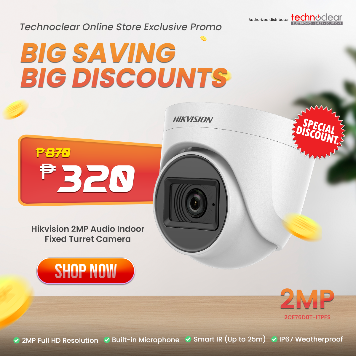SALE Hikvision 2MP Audio Indoor Fixed Turret Camera 2CE76D0T-ITPFS