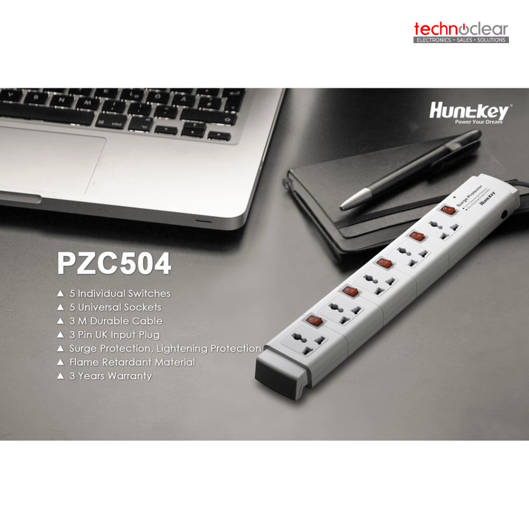 HUNTKEY PZC504-4 5 SOCKETS W/INDIVIDUAL SWITCH 2M POWER SURGE 375 JOULES