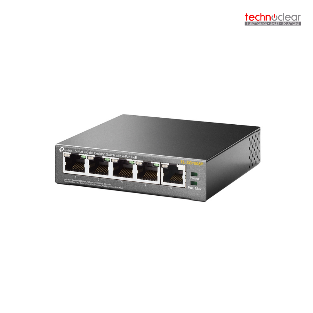 TP-LINK TL-SG1005P / SG1005P(UN) 5-Port Gigabit Desktop Switch with 4-Port PoEPORT: 4× Gigabit PoE Ports, 1× Gigabit Non-PoE PortSPEC: 802.3af, 56 W PoE Power, Desktop Steel CaseFEATURE: Plug and Play