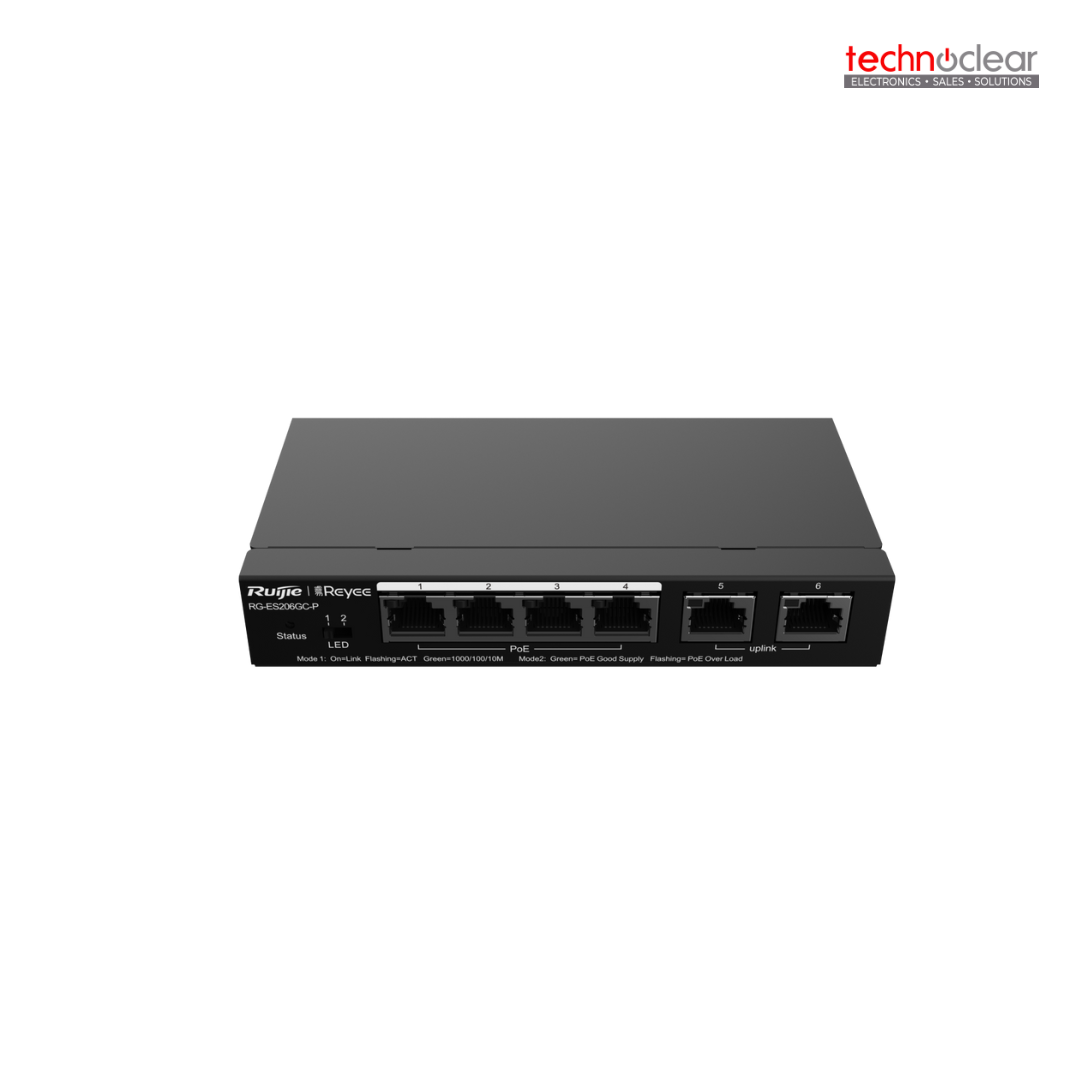 RUIJIE RG-ES206GC-P 6-PORT GIGABIT SMART POE SWITCH, 4 POE/POE+ PORTS WITH 2 GIGABIT RJ45 UPLINK PORTS, 54W POE POWER BUDGET, DESKTOP STEEL CASE
