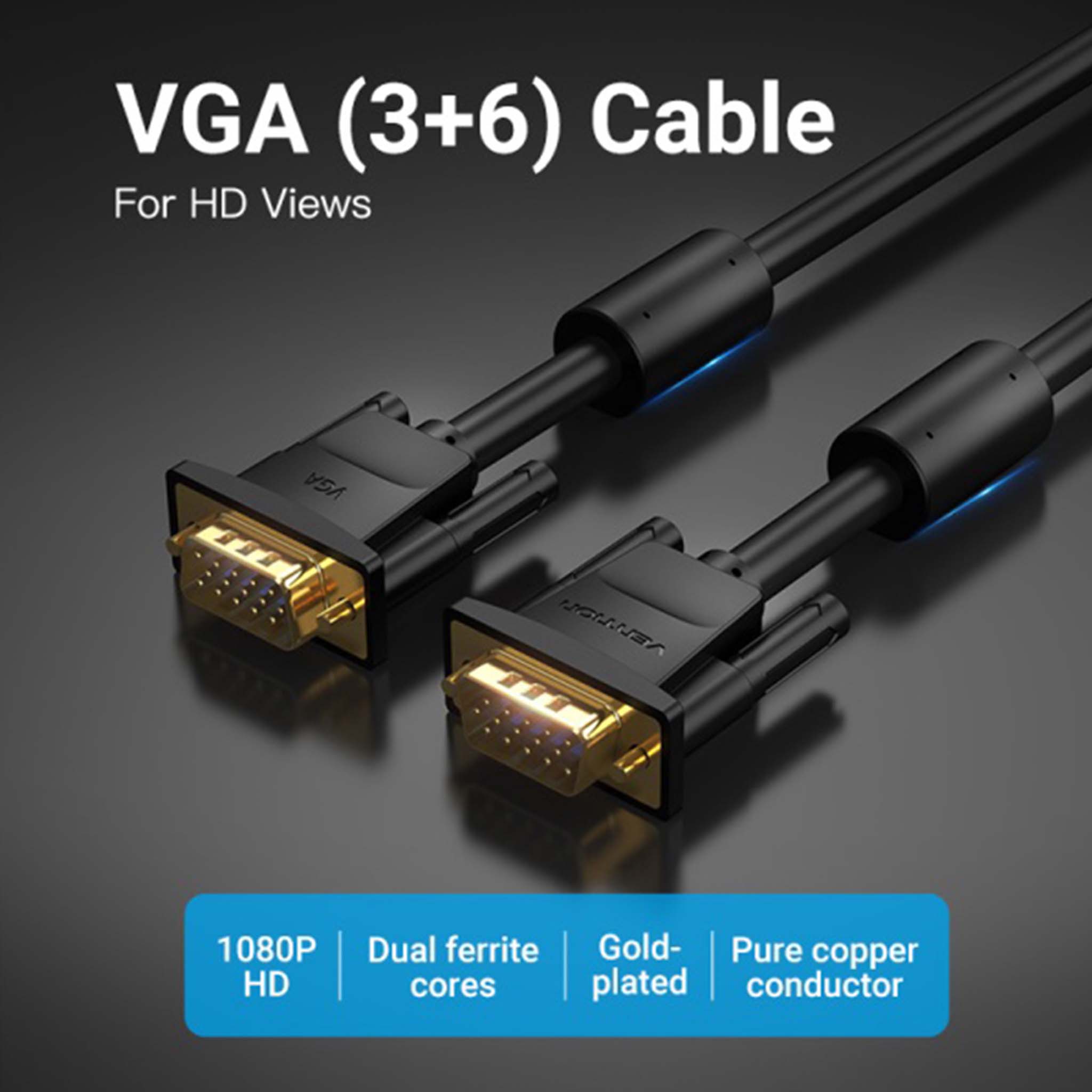 VENTION DAEBG VGA CABLE 3+6 MALE TO MALE CABLE WITH FEMALE CORES 1.5M BLACK