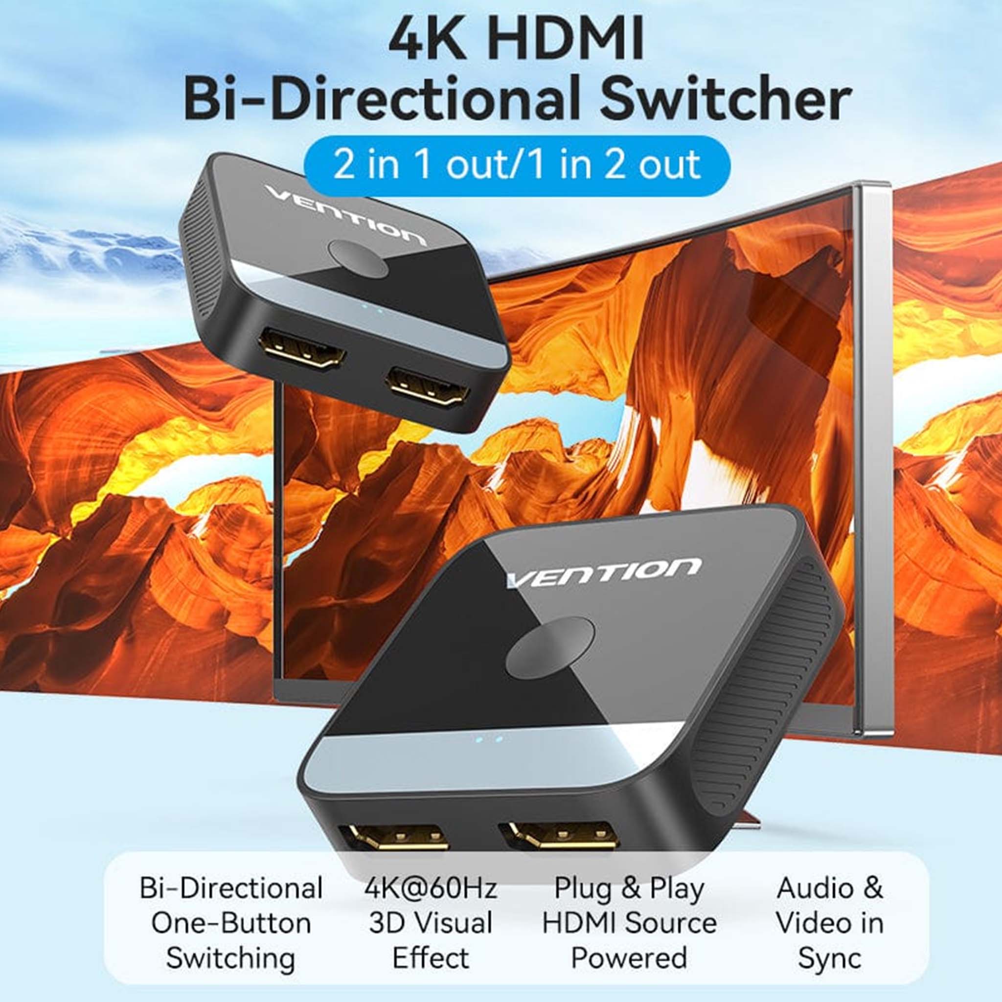 VENTION AKOB0 2-PORT HDMI Bi-DIRECTION 4K SWITCHER BLACK ABS TYPE