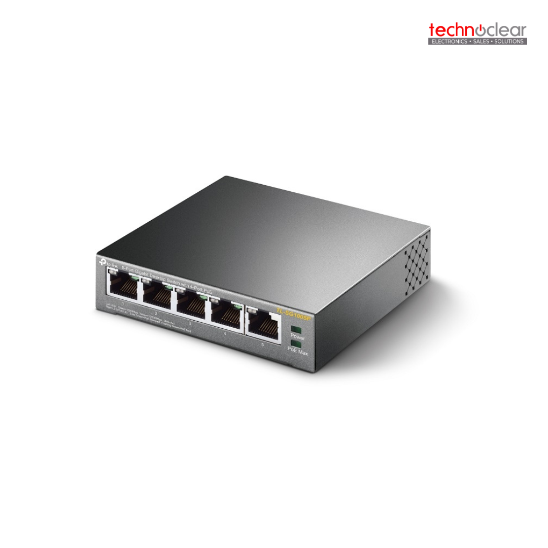 TP-LINK TL-SG1005P / SG1005P(UN) 5-Port Gigabit Desktop Switch with 4-Port PoEPORT: 4× Gigabit PoE Ports, 1× Gigabit Non-PoE PortSPEC: 802.3af, 56 W PoE Power, Desktop Steel CaseFEATURE: Plug and Play