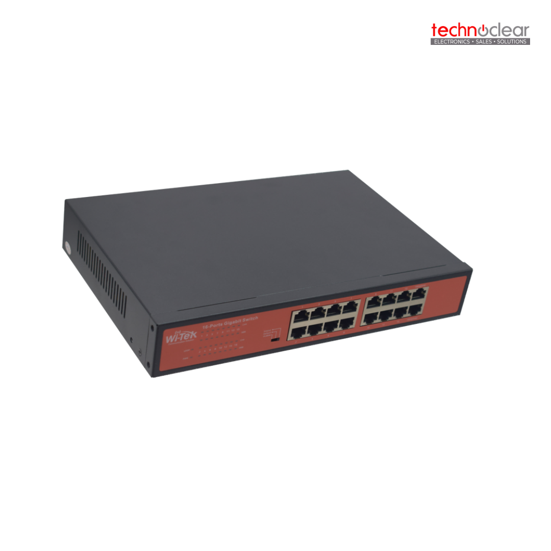 WITEK WI-SG116D 16xGIGABIT DESKTOP ETHERNET SWITCH, AUTO NEGO, AUTO MDI/MDIX SMART SWITCHING, STANDARD 13INCH STEEL CASE, PLUG AND PLAY DESIGN, PLANS DIFFERENT POWER OUTPUT FOR DIFFERENT CABLE LENGTHS