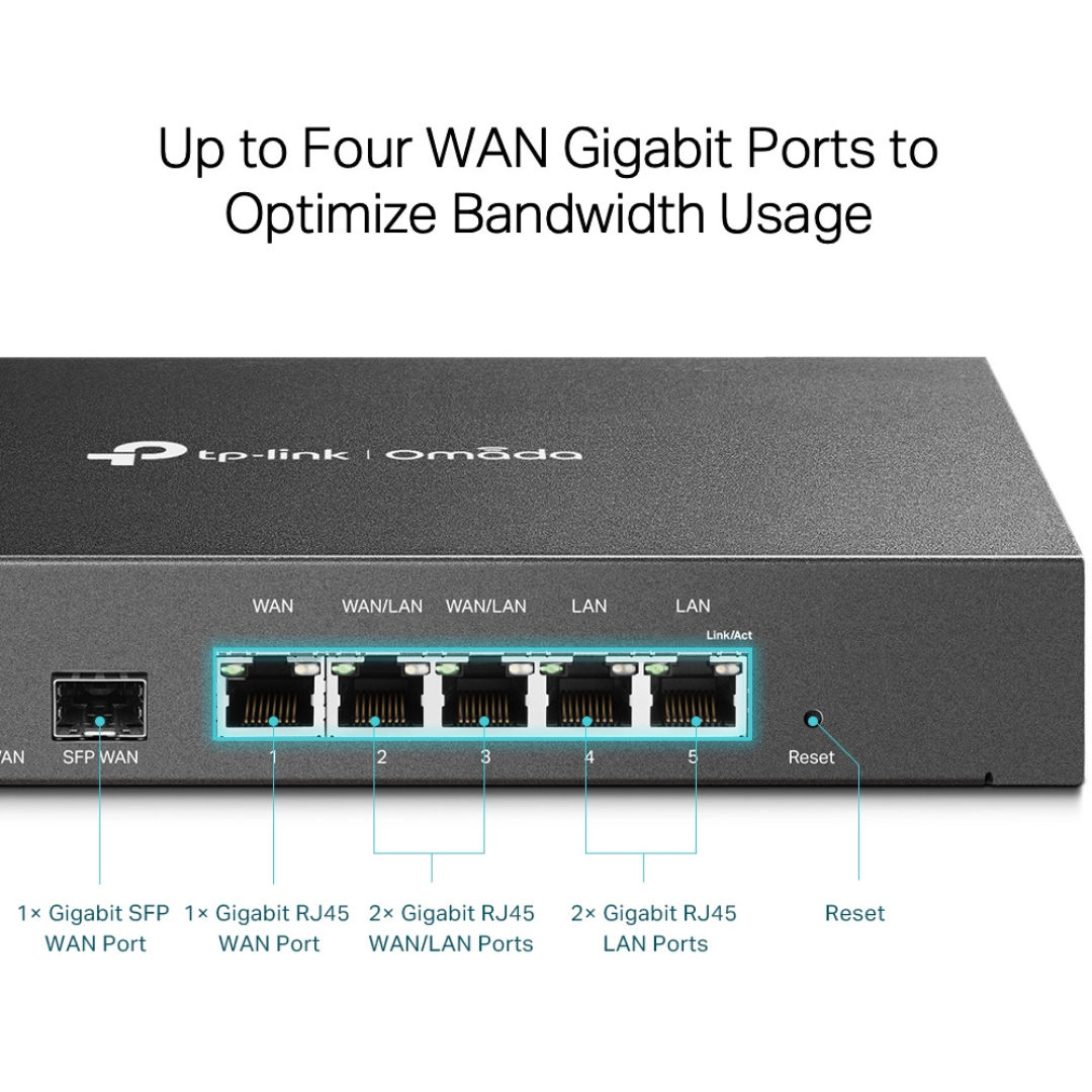 TP-LINK ER7206 // TP-ER7206(UN) SafeStream? Gigabit Multi-WAN VPN Route PORT: 1× Gigabit WAN Port + 3× Gigabit WAN/LAN Ports + 1× Gigabit LAN PortFEATURE: Integration with Omada SDN Controller, Support 20 IPsec VPN Tunnels, 16 PPTP/L2TP VPN Tunnels,