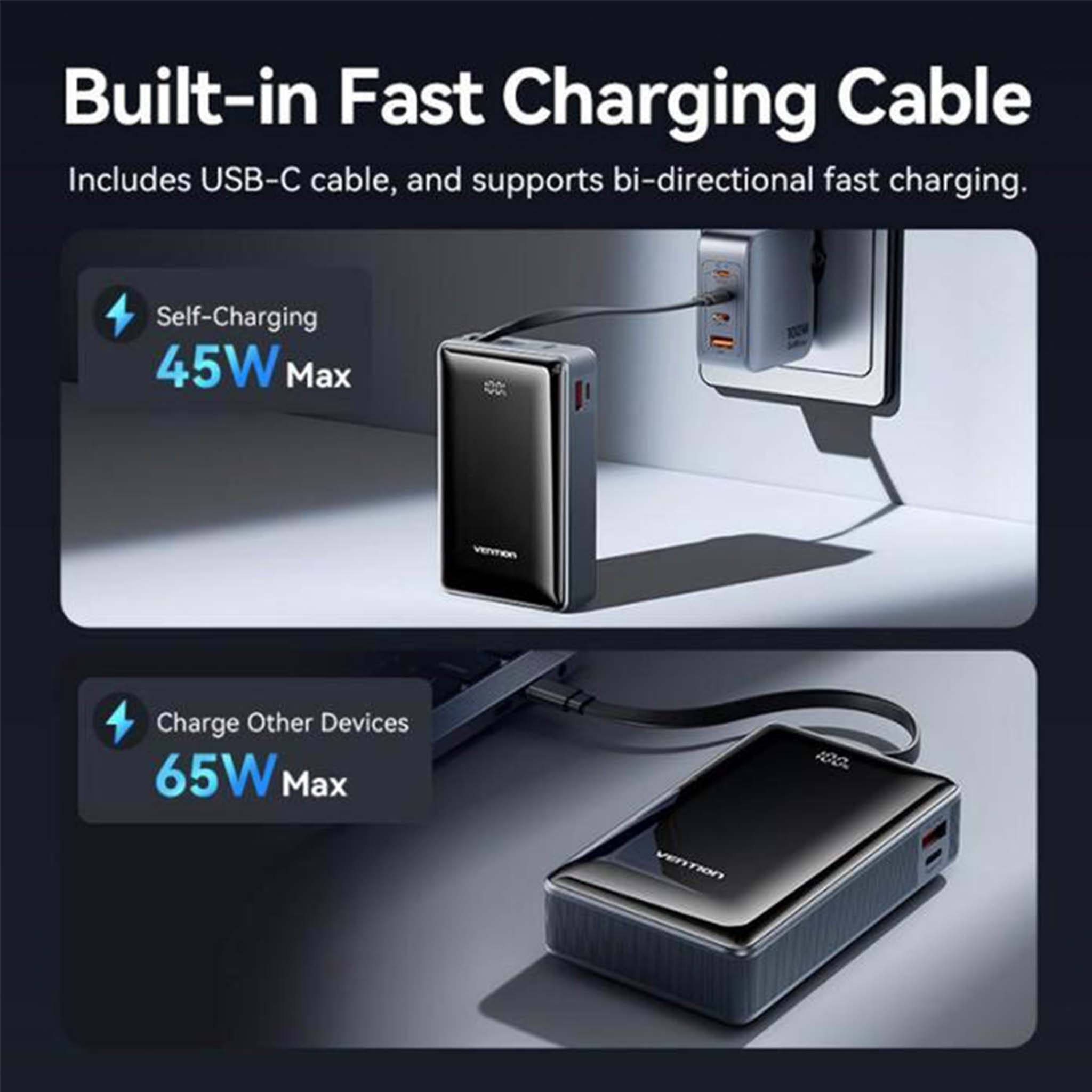VENTION FKDM0 20000mah Power bank USB-C +USB-C/USB-A with Built-in USB-C Cable