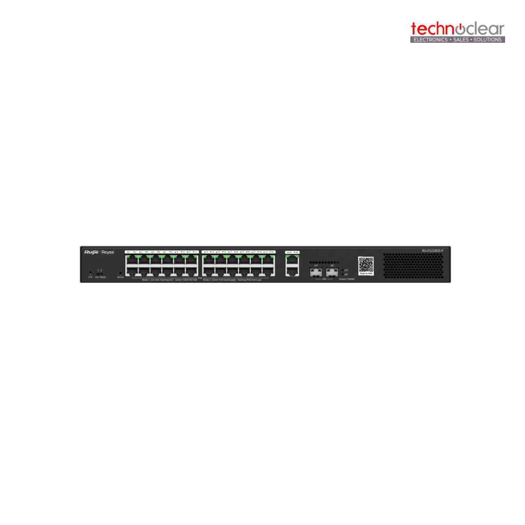 RUIJIE RG-ES228GS-P 28-PORT GIGABIT SMART POE SWITCH, 24 POE/POE + GIGABIT RJ45 PORTS WITH 2 GIGABIT RJ45/2 SFP UPLINK PORTS, 370W POE POWER BUDGET DESKTOP STEEL CASE