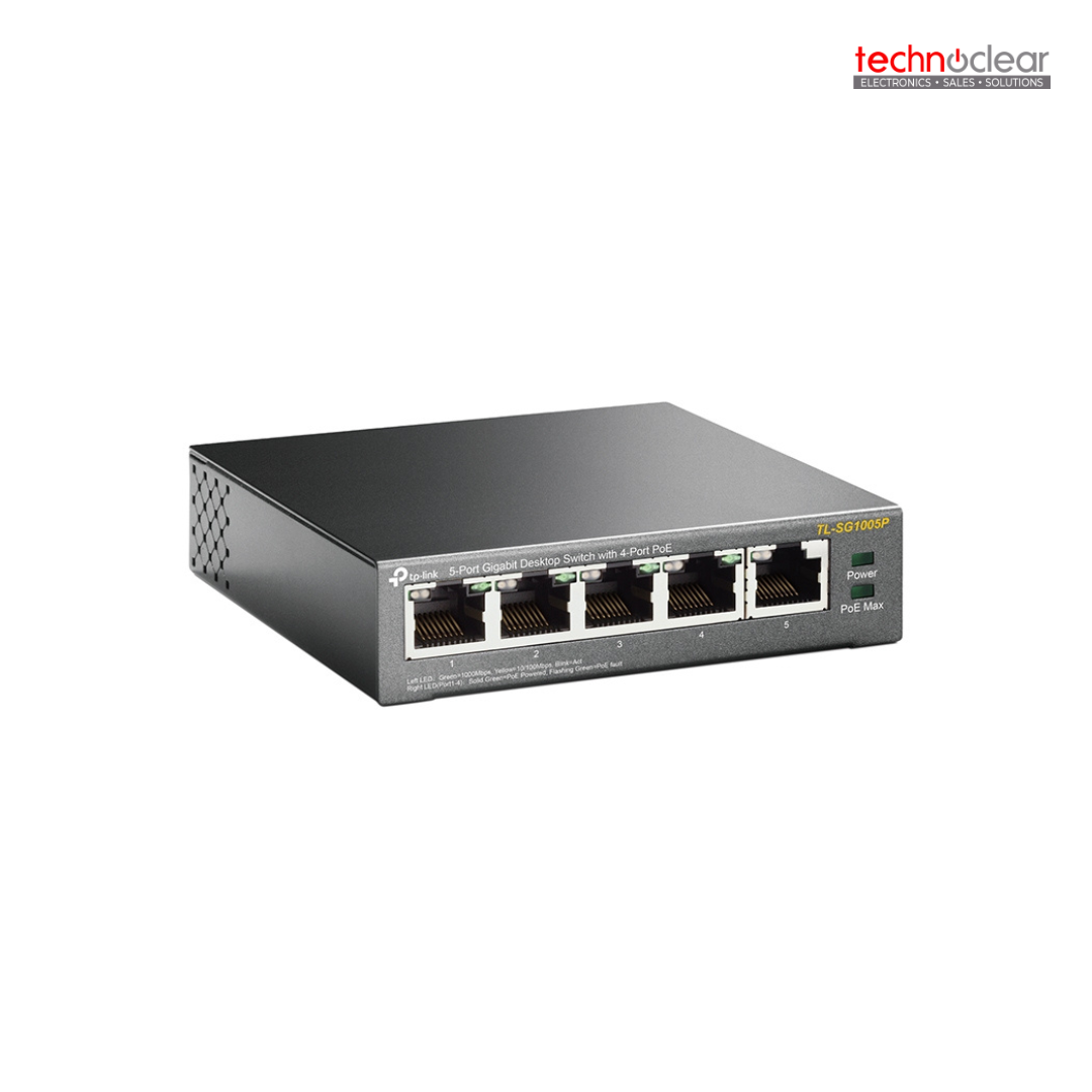 TP-LINK TL-SG1005P / SG1005P(UN) 5-Port Gigabit Desktop Switch with 4-Port PoEPORT: 4× Gigabit PoE Ports, 1× Gigabit Non-PoE PortSPEC: 802.3af, 56 W PoE Power, Desktop Steel CaseFEATURE: Plug and Play