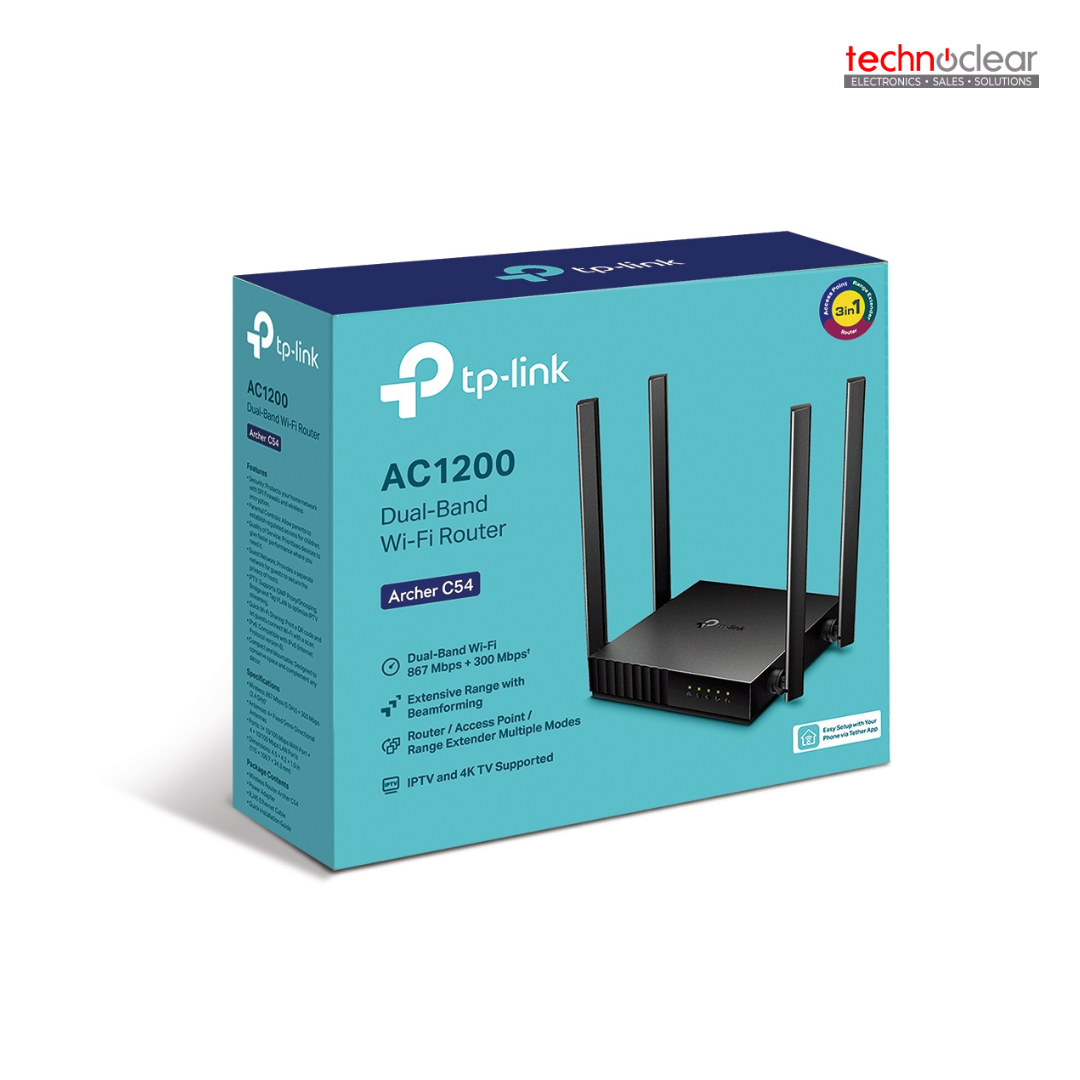 TP-LINK ARCHER C54 / C54(US) AC1200 Dual-Band Wi-Fi Router SPEC: 4× Antennas, 1× 10/100M WAN Port + 4× 10/100M LAN PortsFEATURE: Tether App, Router/Access Point/Range Extender Mode, IPv6 Supported, IPTV, Beamforming, MU-MIMO, Agile Config