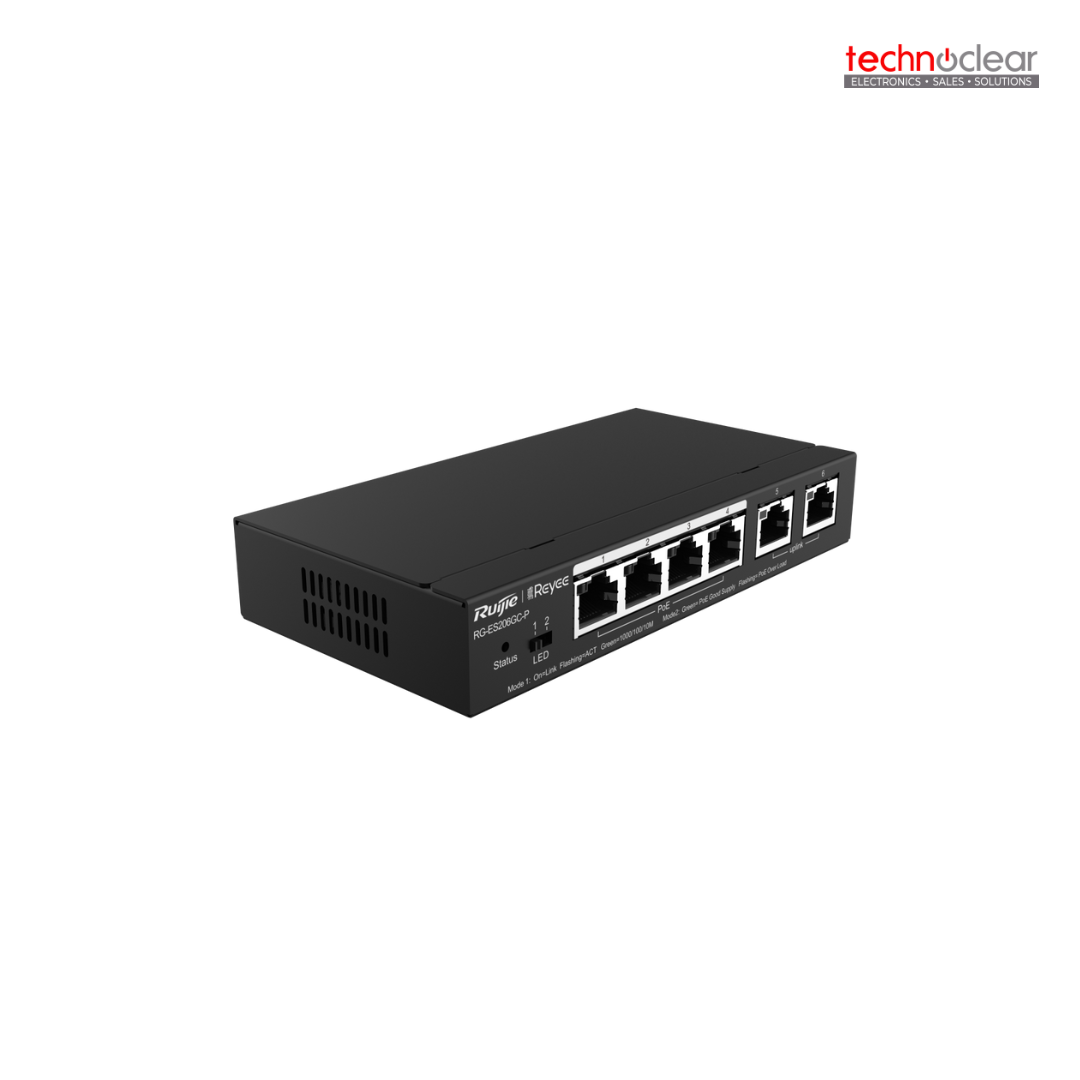 RUIJIE RG-ES206GC-P 6-PORT GIGABIT SMART POE SWITCH, 4 POE/POE+ PORTS WITH 2 GIGABIT RJ45 UPLINK PORTS, 54W POE POWER BUDGET, DESKTOP STEEL CASE