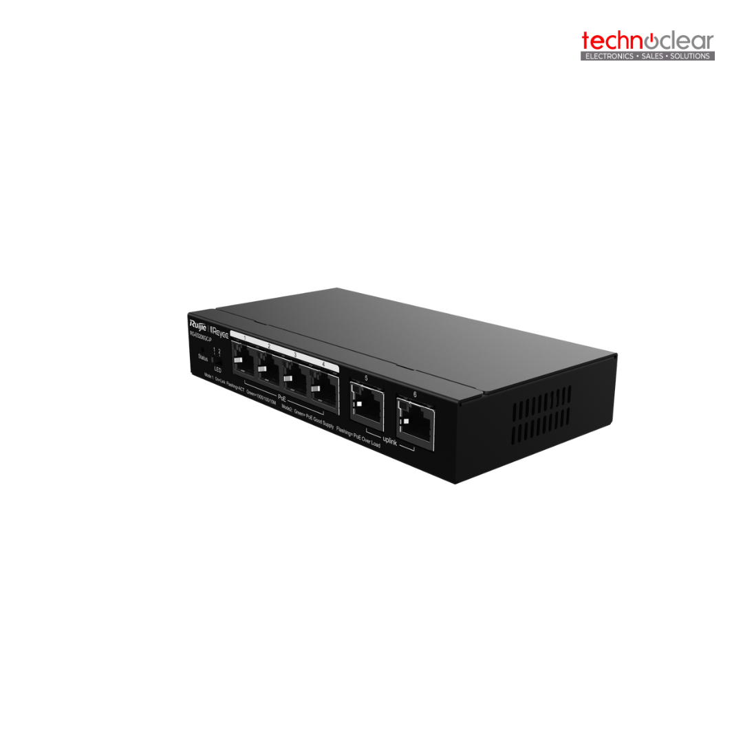 RUIJIE RG-ES206GC-P 6-PORT GIGABIT SMART POE SWITCH, 4 POE/POE+ PORTS WITH 2 GIGABIT RJ45 UPLINK PORTS, 54W POE POWER BUDGET, DESKTOP STEEL CASE