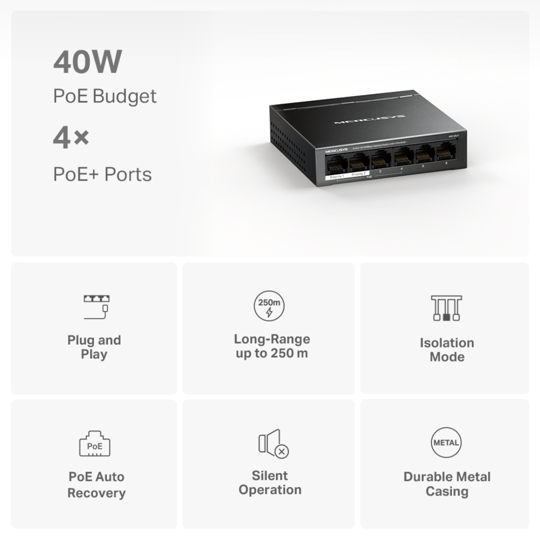 MERCUSYS MS106LP (UN) V1.06-Port 10/100 Mbps Desktop Switch with 4-Port PoE