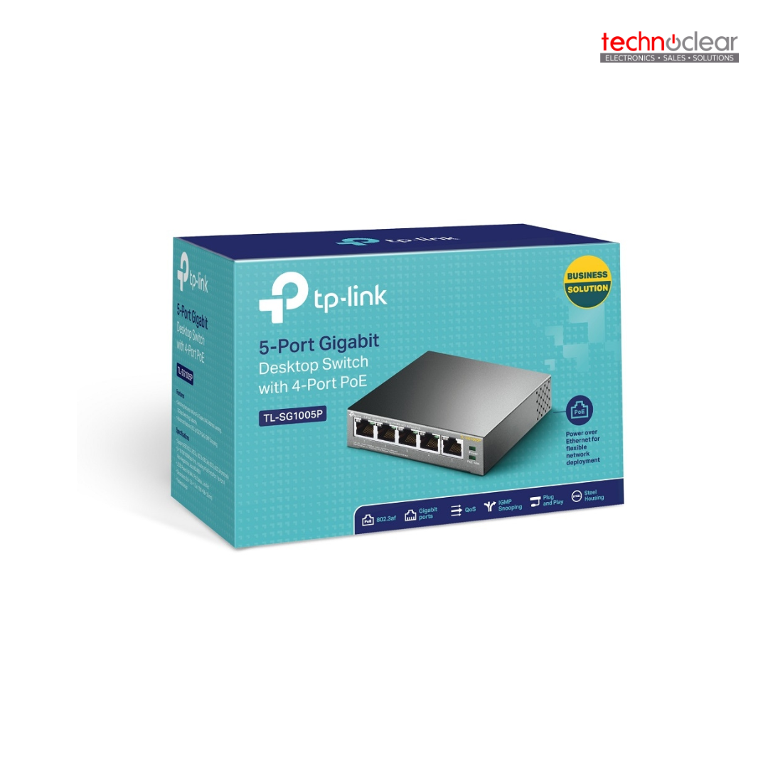 TP-LINK TL-SG1005P / SG1005P(UN) 5-Port Gigabit Desktop Switch with 4-Port PoEPORT: 4× Gigabit PoE Ports, 1× Gigabit Non-PoE PortSPEC: 802.3af, 56 W PoE Power, Desktop Steel CaseFEATURE: Plug and Play
