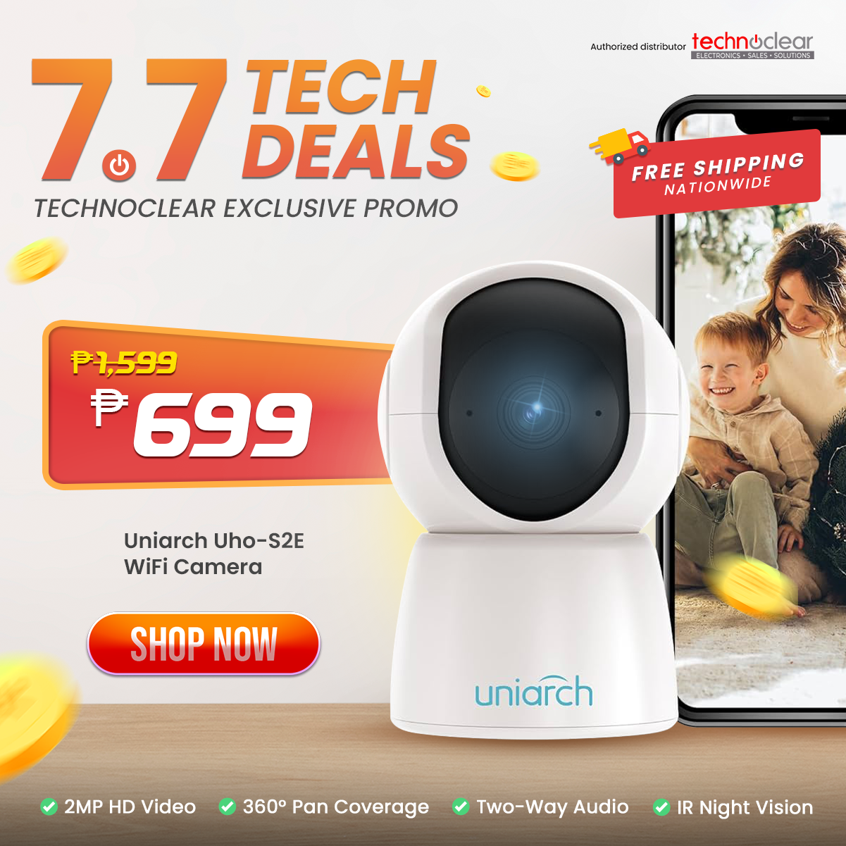 UNIVIEW UHO-S2E UNIARCH HD PT CAMERA SMART HOME WIFI CAMERA 360/ ALARM / 2-WAY / IR/ MOTION