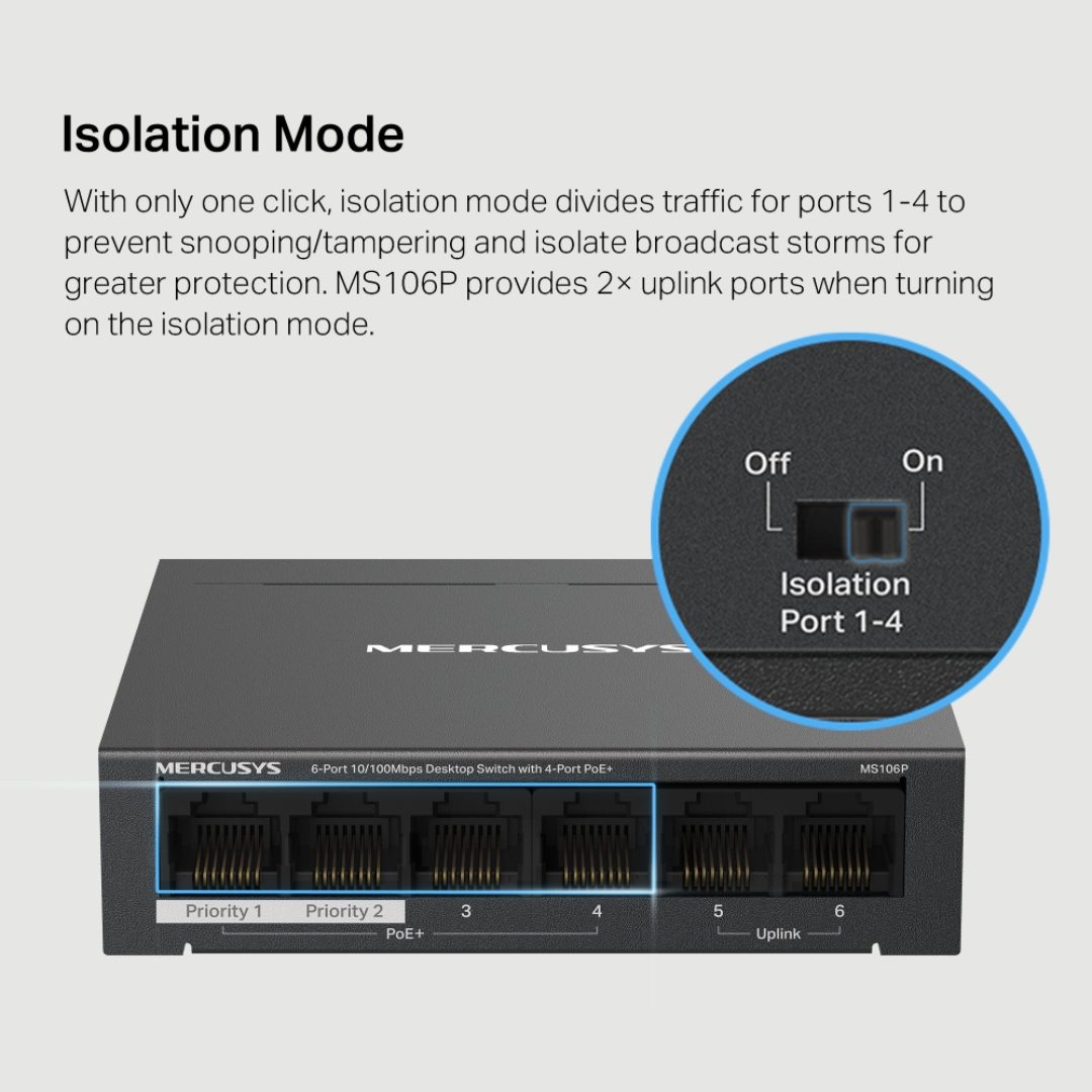 MERCUSYS MS106P (NV) V1.06-Port 10/100 Mbps Desktop Switch with 4-Port PoE