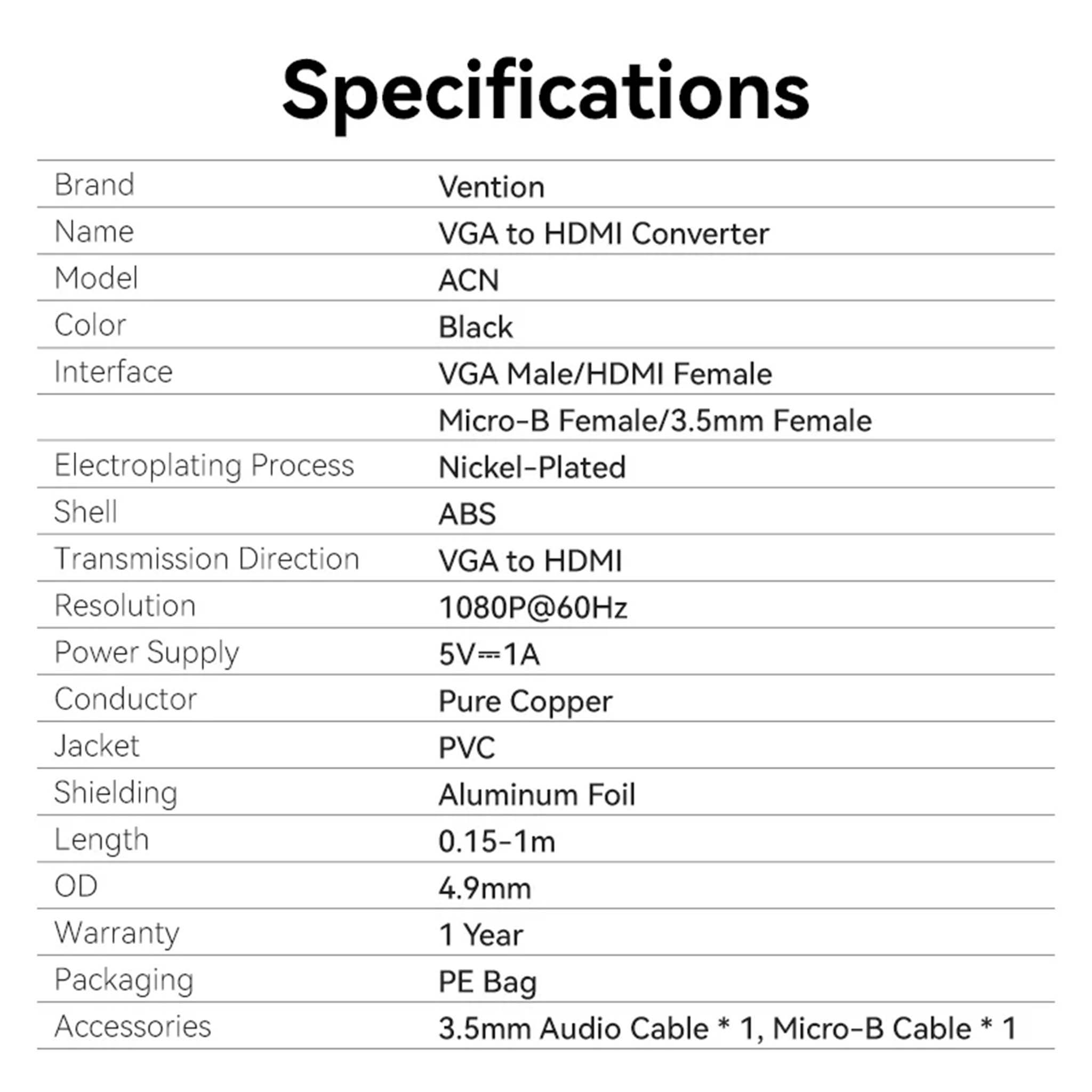 VENTION ACNBB VGA CABLE TO HDMI CONVERTER WITH FEMALE MICRO USB AND AUDIO PORT 0.15M BLACK