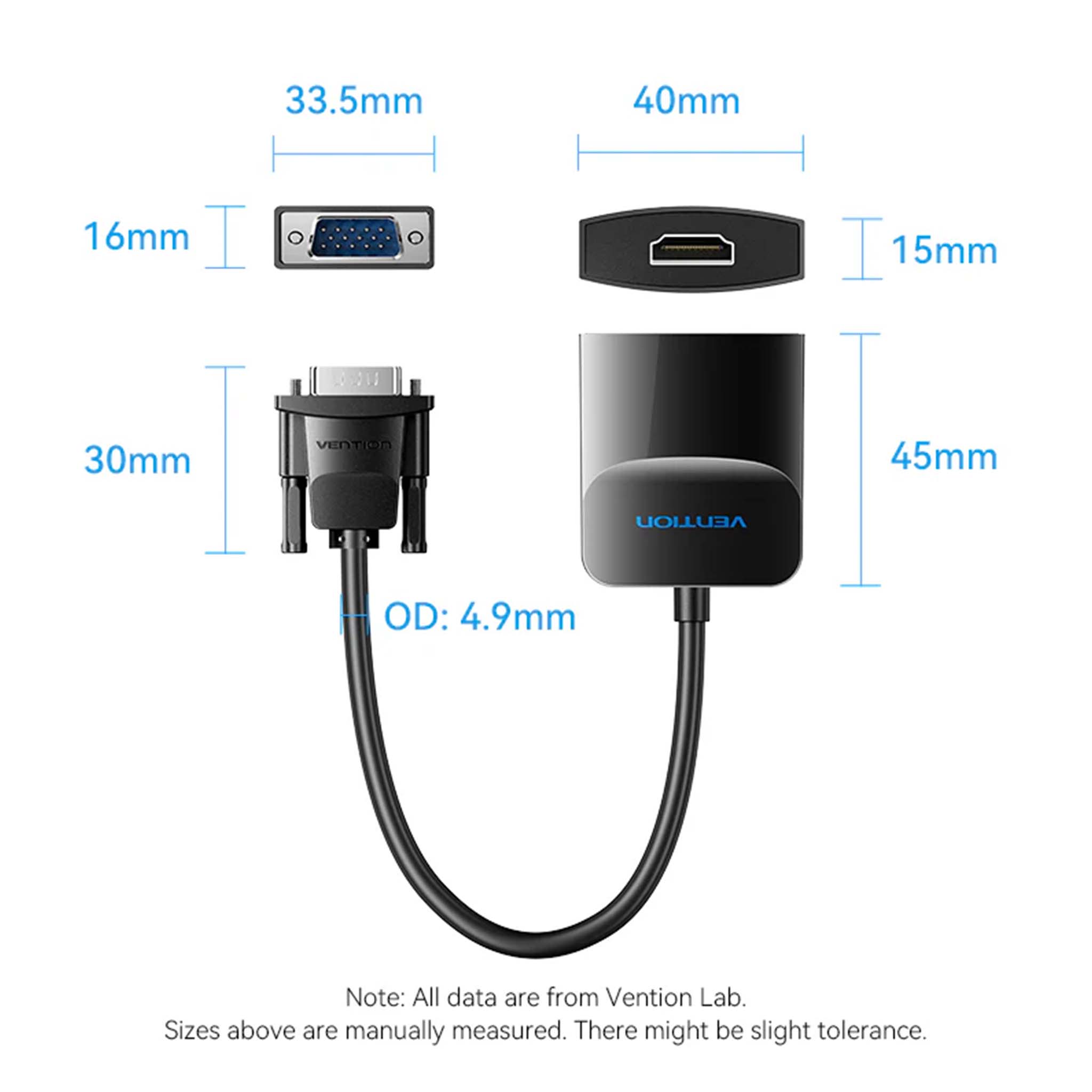 VENTION ACNBB VGA CABLE TO HDMI CONVERTER WITH FEMALE MICRO USB AND AUDIO PORT 0.15M BLACK