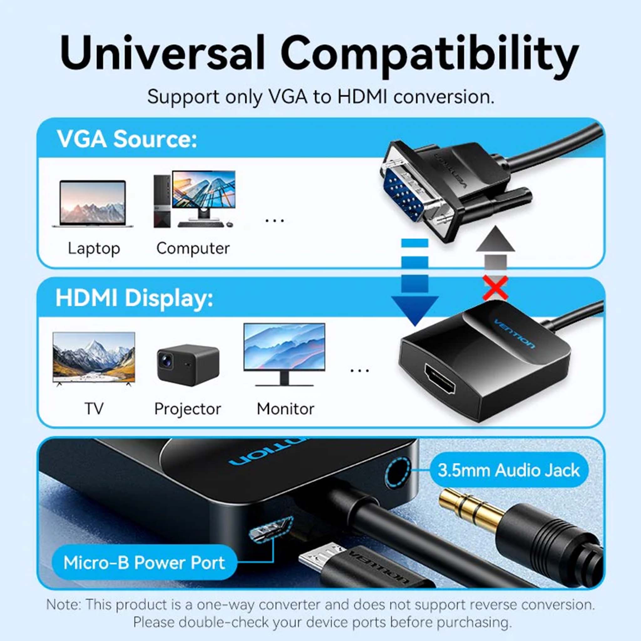 VENTION ACNBB VGA CABLE TO HDMI CONVERTER WITH FEMALE MICRO USB AND AUDIO PORT 0.15M BLACK