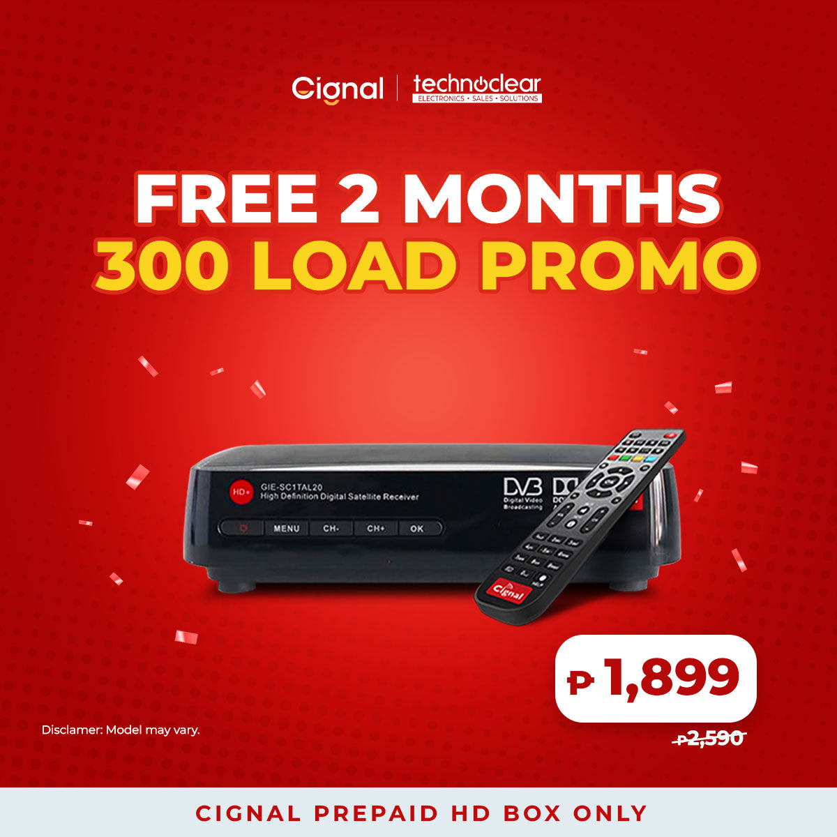 Cignal HD Prepaid Box ONLY (must have an existing satellite dish) | FREE 2 MONTHS 300 LOAD PROMO