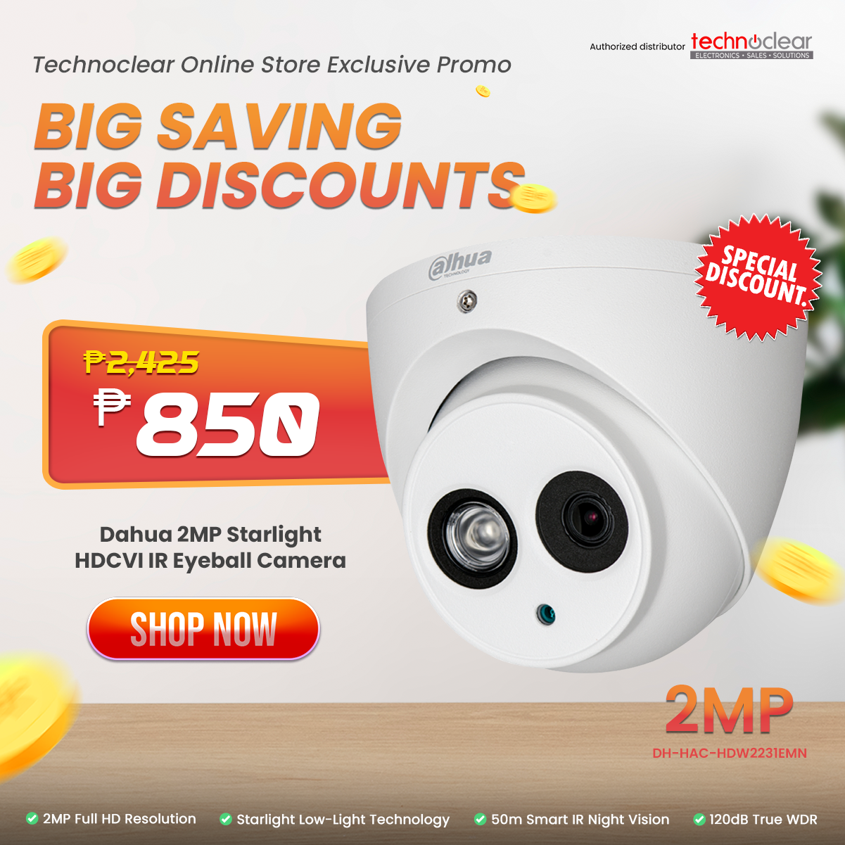 SALE Dahua 2MP Starlight HDCVI IR Eyeball Camera HDW2231EMN