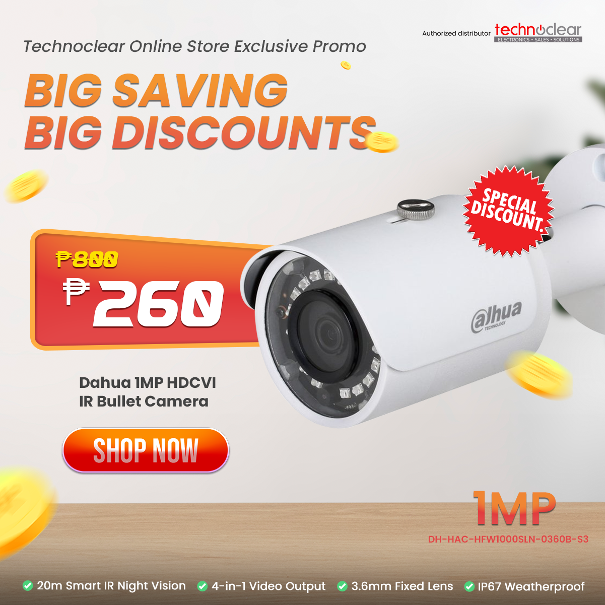 Dahua 1MP HDCVI IR Bullet Camera HFW1000SLN-0360B-S3 / HFW1000SL-S3