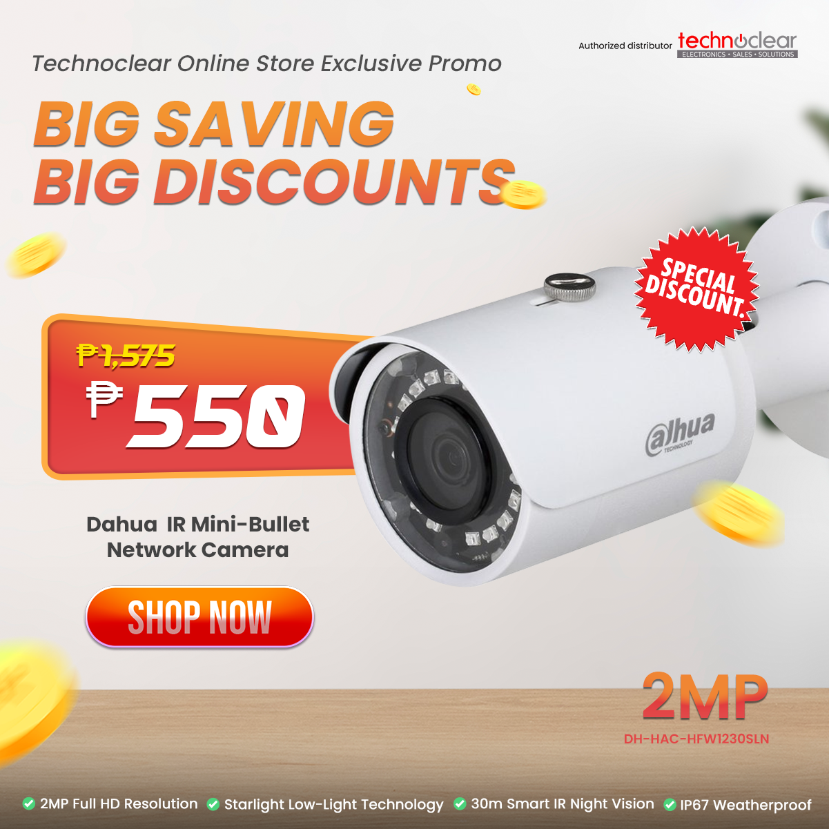 SALE Dahua 2mp IR Mini-Bullet Network Camera HFW1230SLN