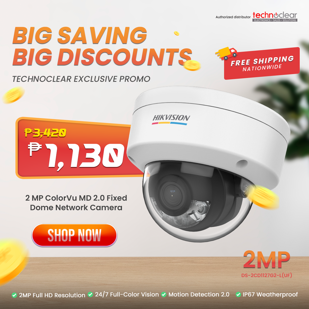 SALE Hikvision 2 MP ColorVu MD 2.0 Fixed Dome Network Camera DS-2CD1127G2-LUF