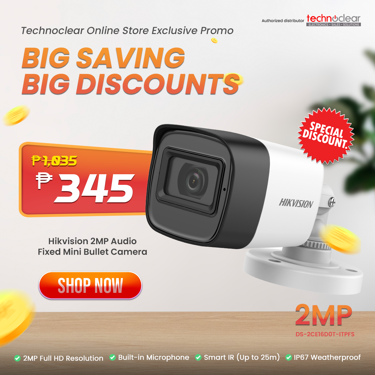 SALE Hikvision 2MP Audio Fixed Mini Bullet Camera 2CE16D0TITPFS