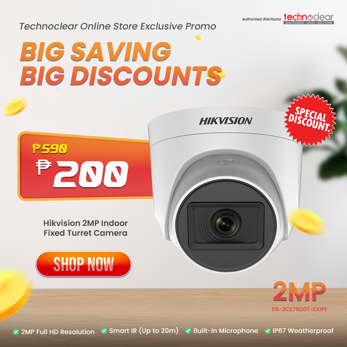 SALE Hikvision 2MP Indoor Fixed Turret Camera DS-2CE76D0T-EXIPF