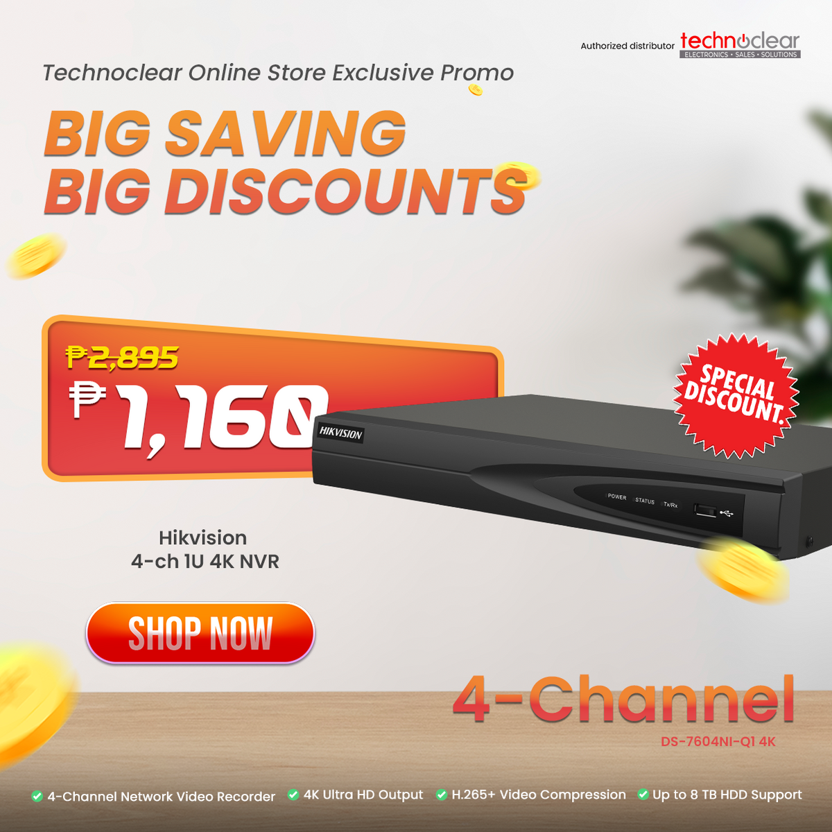 SALE HIKVISION DS-7604NI-Q1 4K PLUG AND PLAY NVR WITH POE