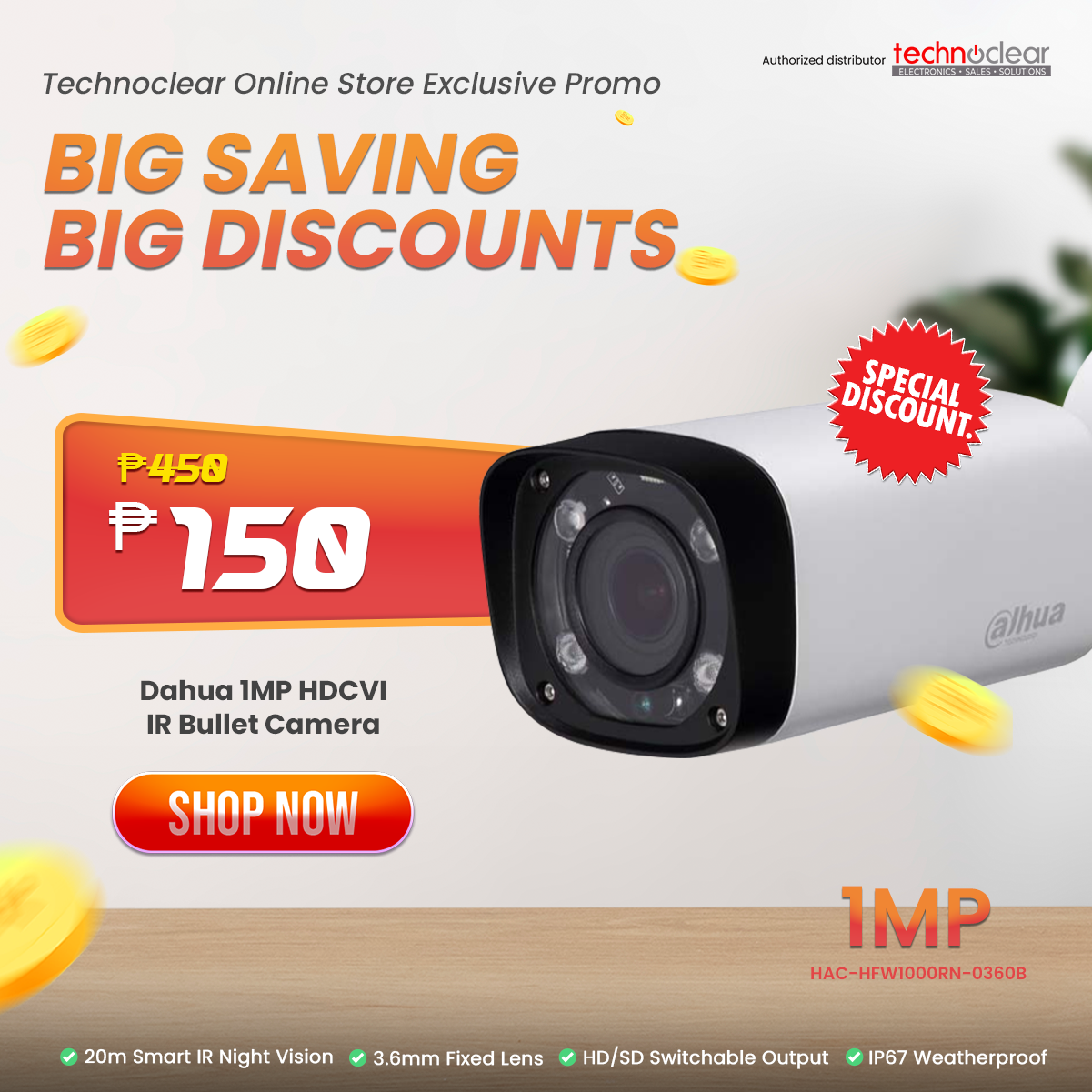 SALE Dahua 1MP HDCVI IR Bullet Camera HAC-HFW1000RN-0360B