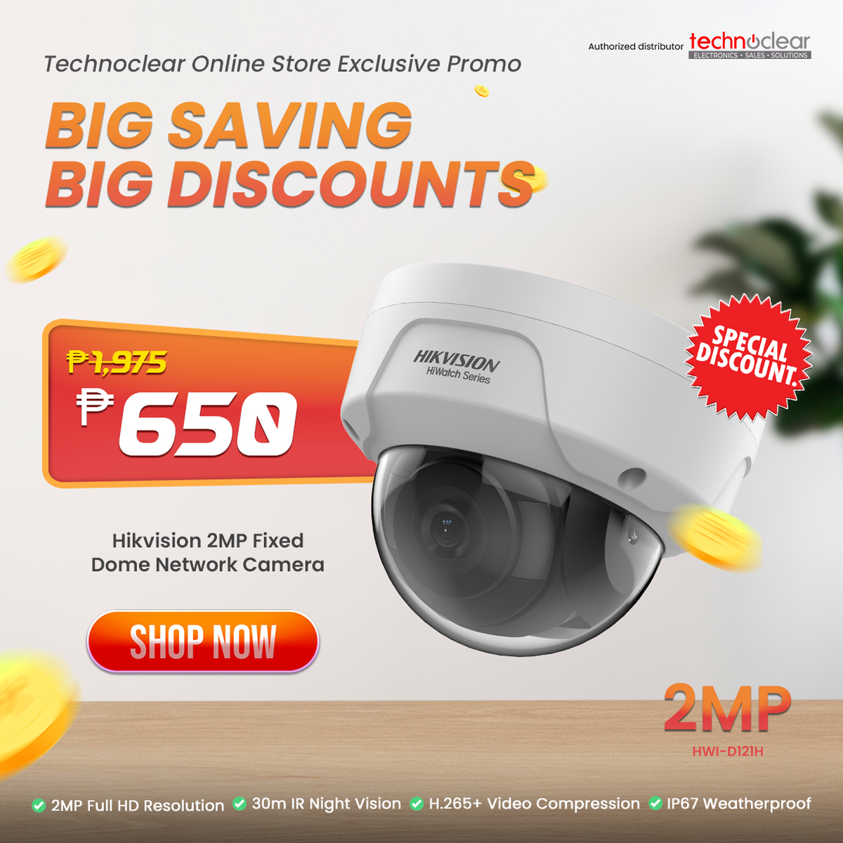 SALE Hikvision 2MP Fixed Dome Network Camera HWI-D121H