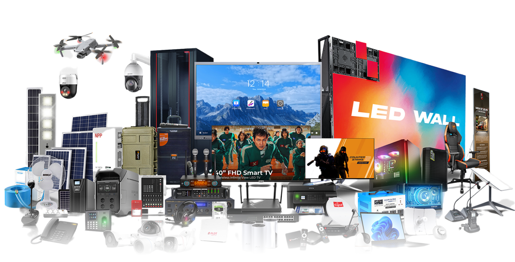 Collection of electronic devices including TVs, drones, and security cameras on a white background