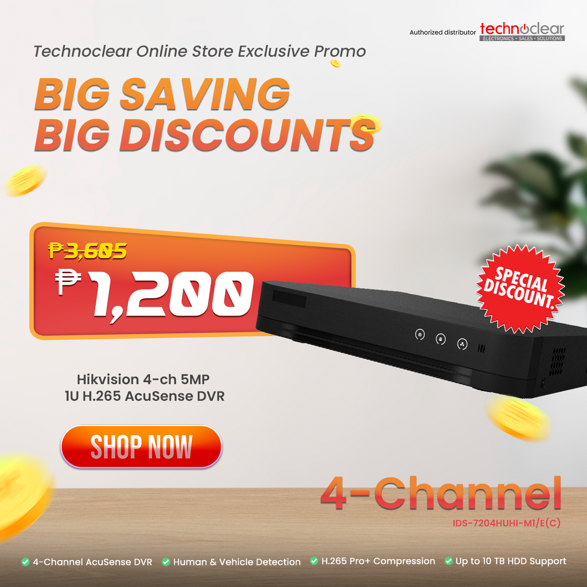 SALE DS-7204HUHI-M1/E(C) HIKVISION 4 Channel DVR 1 SATA ACUSENSE